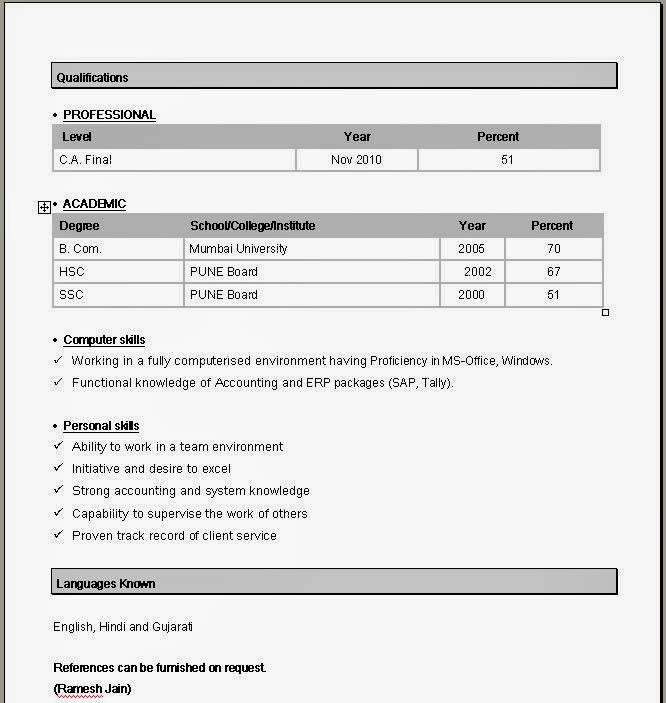 Format of resume with experience